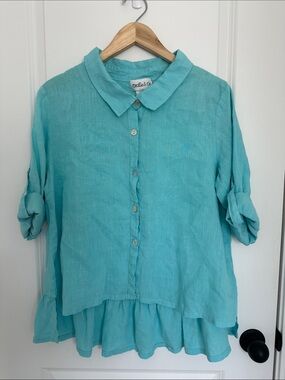 Camille & Co. Women's Button-Front Linen Blouse Aqua M